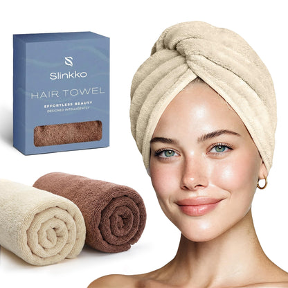 Microfiber Hair Towel Wrap for Women – Ultra Absorbent Quick Dry Turban | Button & Loop Design | Soft Lightweight Fabric | Reduces Frizz & Breakage | All Hair Types | Pink & Beige