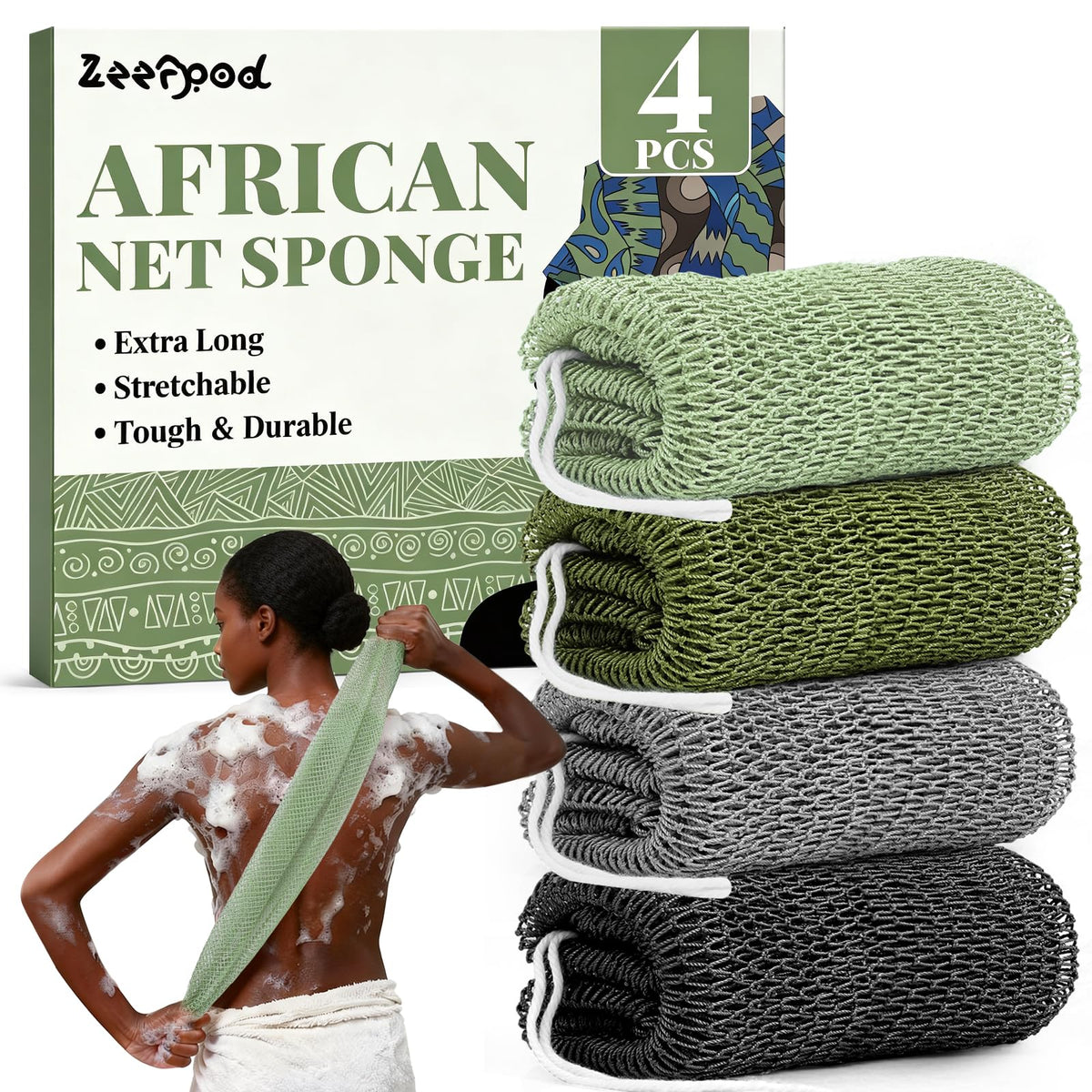 African Net Sponge Authentic-4 Packs African Exfoliating Net Sponge,Bath Sponges for Shower,42 inch Long for Normal to Sensitive Skin, for Daily use, Body Exfoliator Shower(Linen&Brown&Black&Grey)