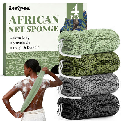 African Net Sponge Authentic-4 Packs African Exfoliating Net Sponge,Bath Sponges for Shower,42 inch Long for Normal to Sensitive Skin, for Daily use, Body Exfoliator Shower(Linen&Brown&Black&Grey)