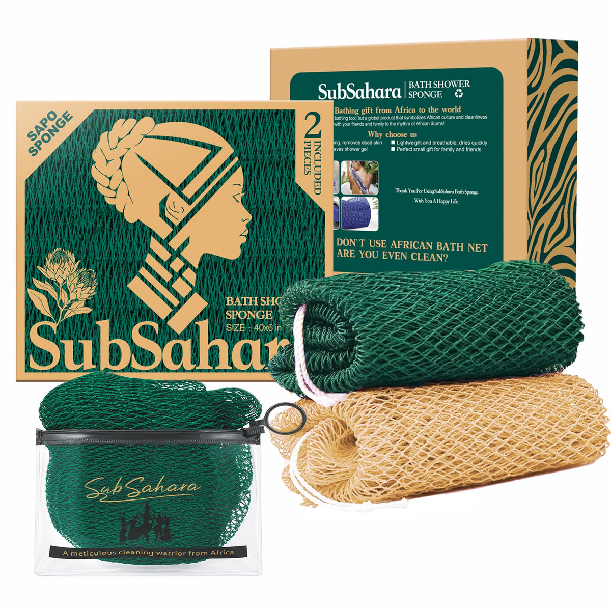 SubSahara African Net Sponge, 2 Pack 45-Inch Exfoliating Bath Scrubber