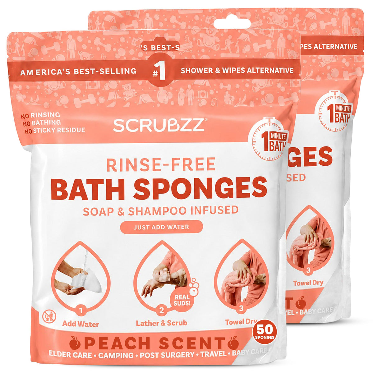 Scrubzz Disposable Rinse Free Bathing Wipes - 25 Pack - All-in-1 Single Use Shower Wipes, Simply Dampen, Lather, and Dry Without Shampoo or Rinsing