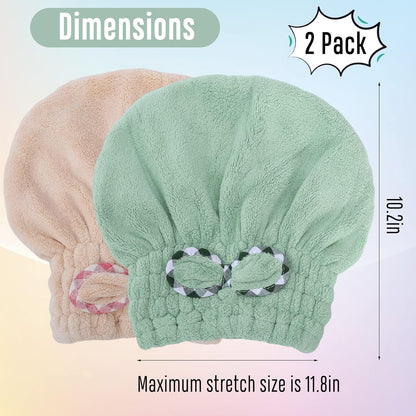 2Pcs Microfiber Hair Drying Cap,Hair Towel Cap,Fast Coral Velvet Hair Drying Towel with Bow-Knot,Quick Dry Fast Drying Hair Caps for Women,Soft Absorbent Cap for Wet Hair Long Thick Hair(Khaki+Green)