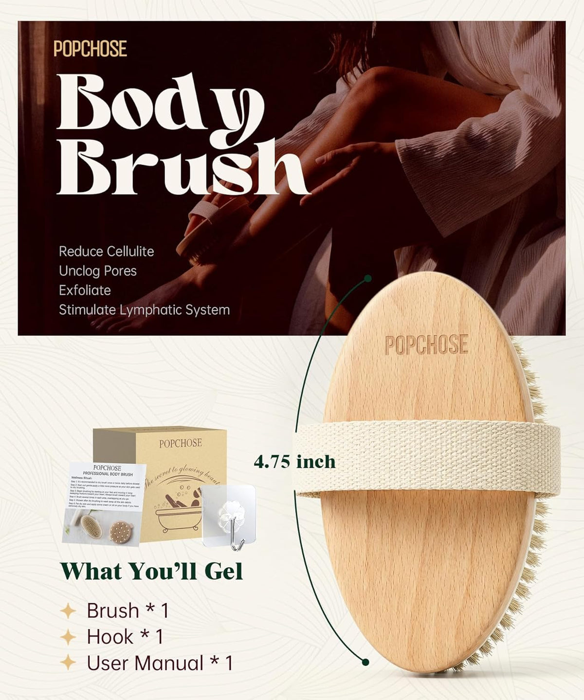 POPCHOSE Dry Brush for Lymphatic Drainage, Dry Brushing Body Brush