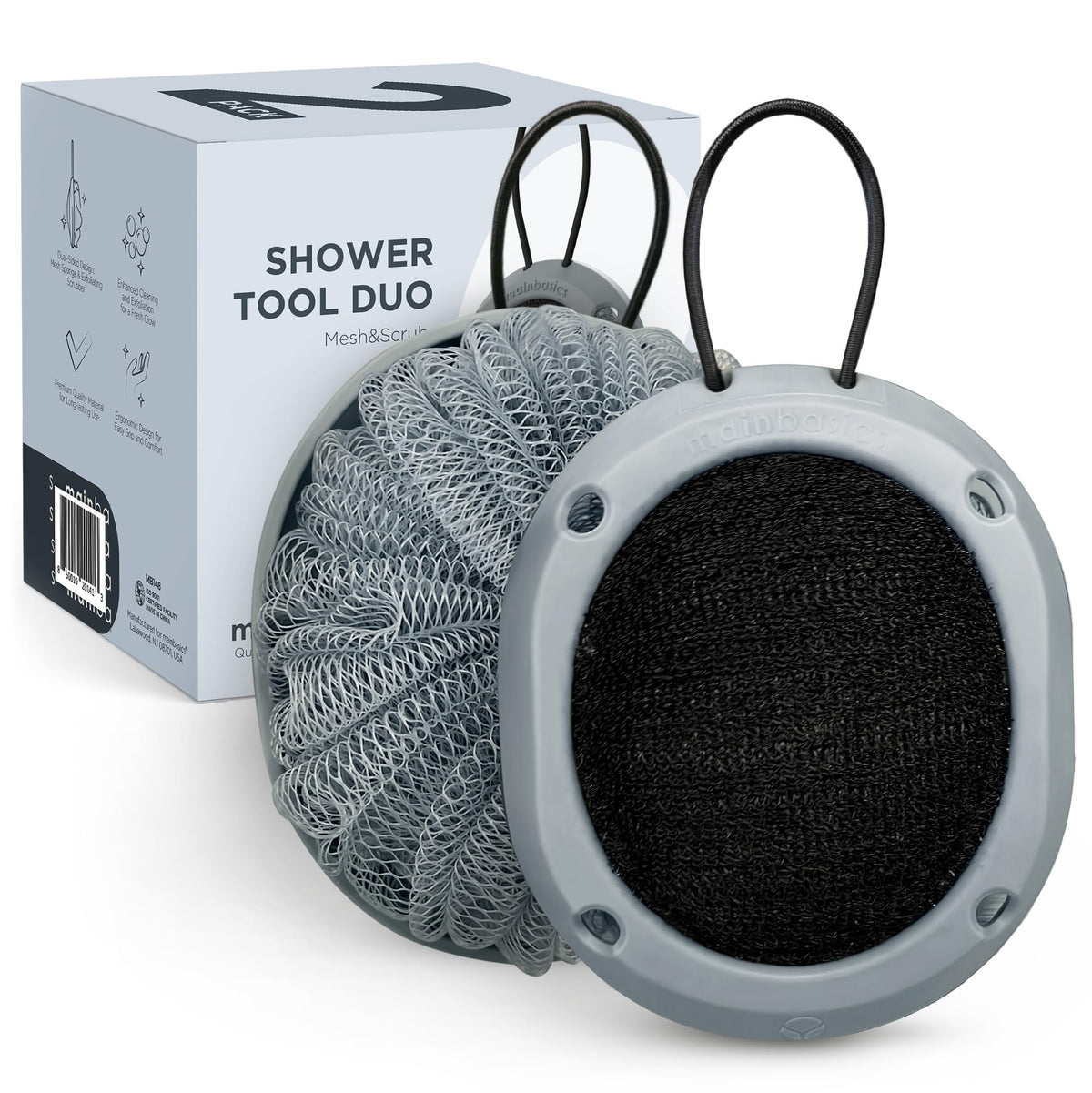 MainBasics Shower Tool Duo 2-in-1 Shower Loofah Sponge, 2 Pack, Black