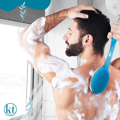 2 Pack Bath Body Brush Long Handle Back Shower Brush Exfoliating Back, Body, and Feet Scrubber Soft Nylon Bristles (Blue & Green)