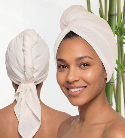 Hair Towel Wrap for Women, Bamboo Made for Advanced Absorption & Fast Drying, Anti-Frizz & Curl Friendly, Superior Alternative to Microfiber Hair Towel Wrap, Includes Elastic Strap, Ivory White 1-Pack