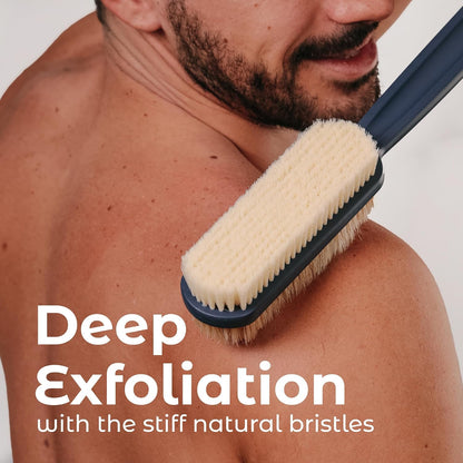 MainBasics Shower Brush Back Scrubber, Dual Sided Body Brush, Long Handle