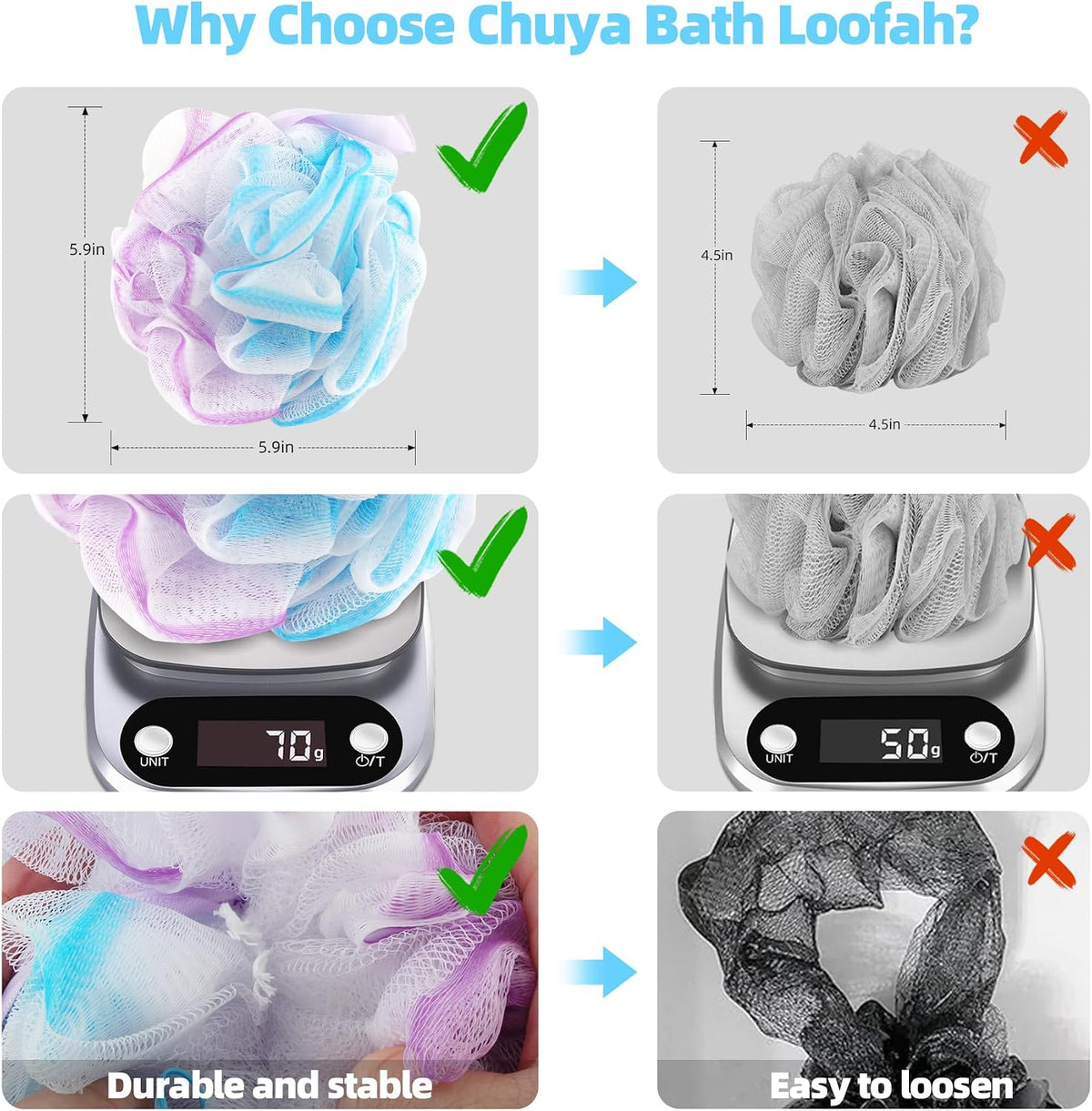 Chuya Bath Loofah Sponges 70 Grams Large Size,4 Pack Shower Sponge