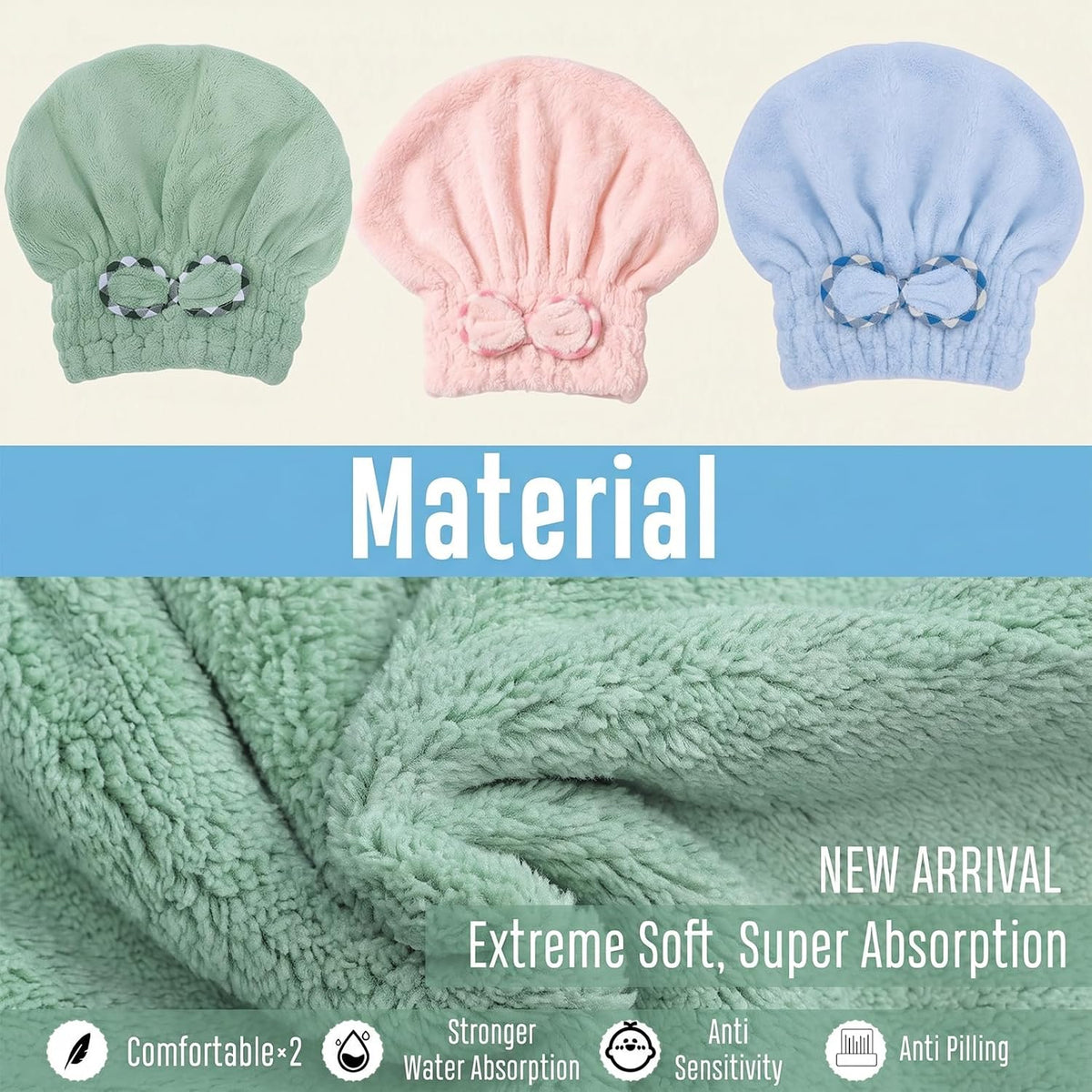 3Pack Microfiber Hair Drying Cap, Quick Dry Fast Drying Hair Caps