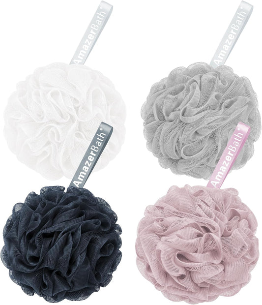 AmazerBath Loofah Sponge 75g/Piece, Exfoliating Bath Sponge Body Scrubber - Loofa Set of 4 Grey Blue-Pink-Grey-White (Large)