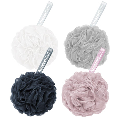 AmazerBath Loofah Sponge 75g/Piece, Exfoliating Bath Sponge Body Scrubber - Loofa Set of 4 Grey Blue-Pink-Grey-White (Large)