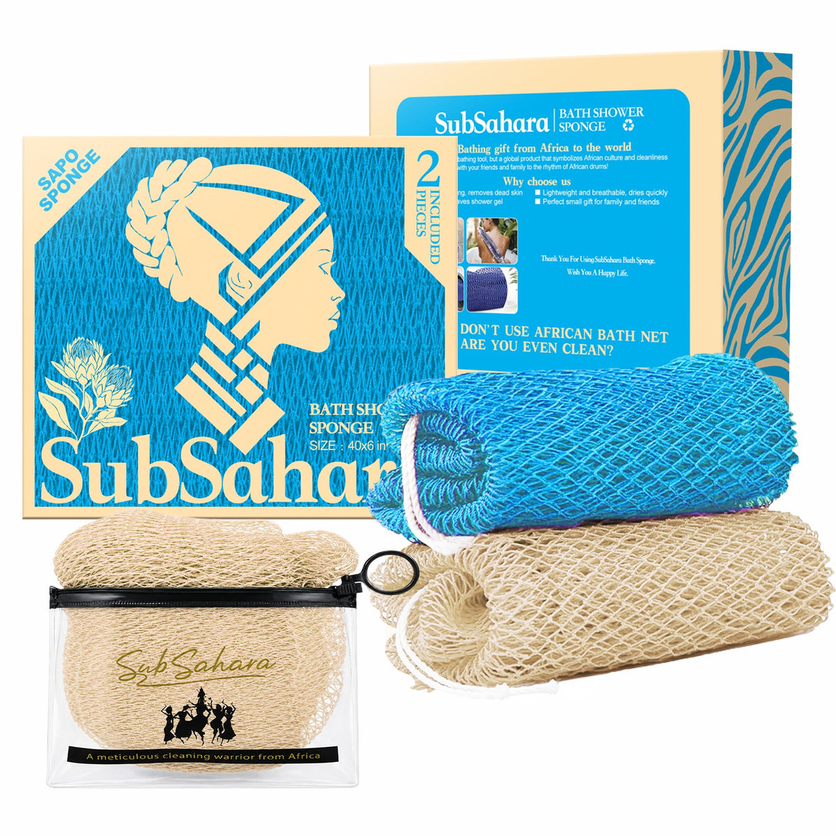 SubSahara African Net Sponge, 2 Pack 45-Inch Exfoliating Bath Scrubber