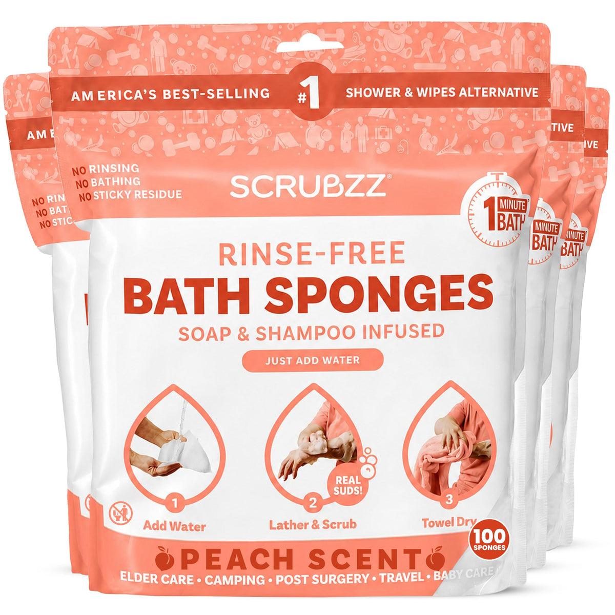 Scrubzz Disposable Rinse Free Bathing Wipes - 25 Pack - All-in-1 Single Use Shower Wipes, Simply Dampen, Lather, and Dry Without Shampoo or Rinsing