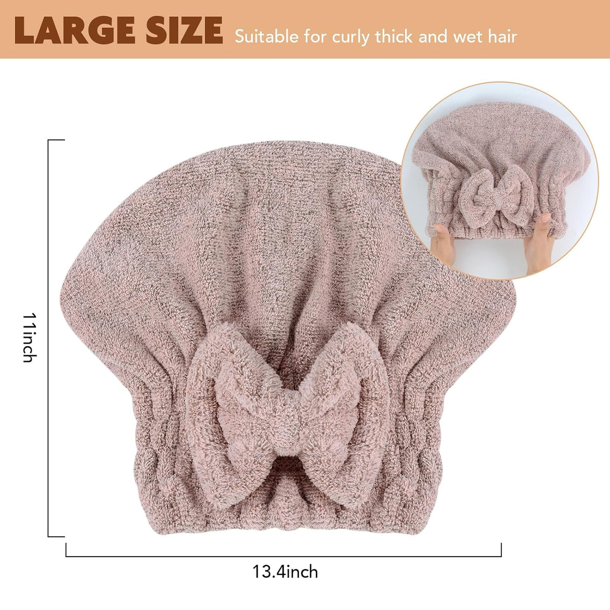 SUNLAND Large Microfiber Hair Drying Caps with Bow Knot 2 Pack Brown
