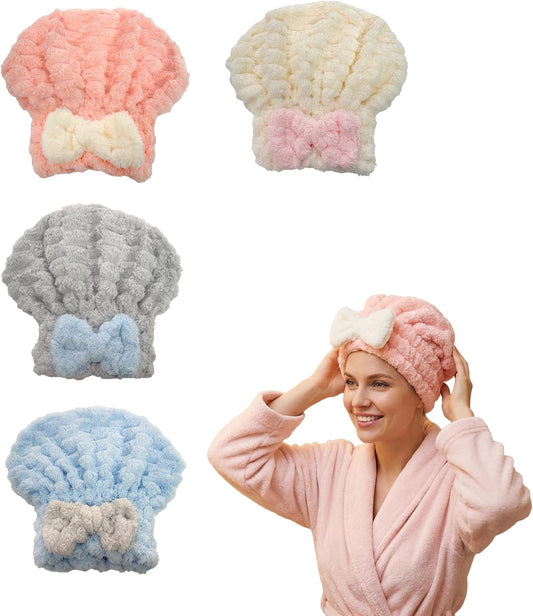 4-Pack Microfiber Hair Towel Cap for Short/Medium Hair, No Twist, No Tug, Soft Absorbent Drying Hat with Bow for Women - Great for Skincare, Makeup, Shower