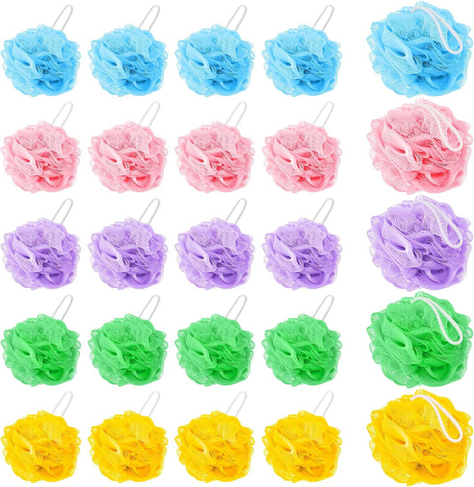 20 Pack Mini Loofah Sponge for Shower, Travel Size Bath Sponges Mesh Shower Puff Bath Pouf with Hanging Loop, Body Scrubber for Kids Women Men, 5 Colors Bath Sponges for Shower (20g)