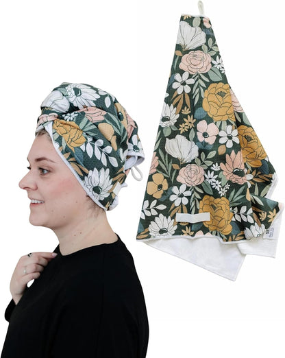 Microfiber Hair Towel Wrap for Women – Quick Dry Anti-Frizz Hair Drying Towel for Long, Curly & Thick Hair – Ultra-Soft Absorbent Hair Turban Wrap with Large Loop Closure – Dark Floral