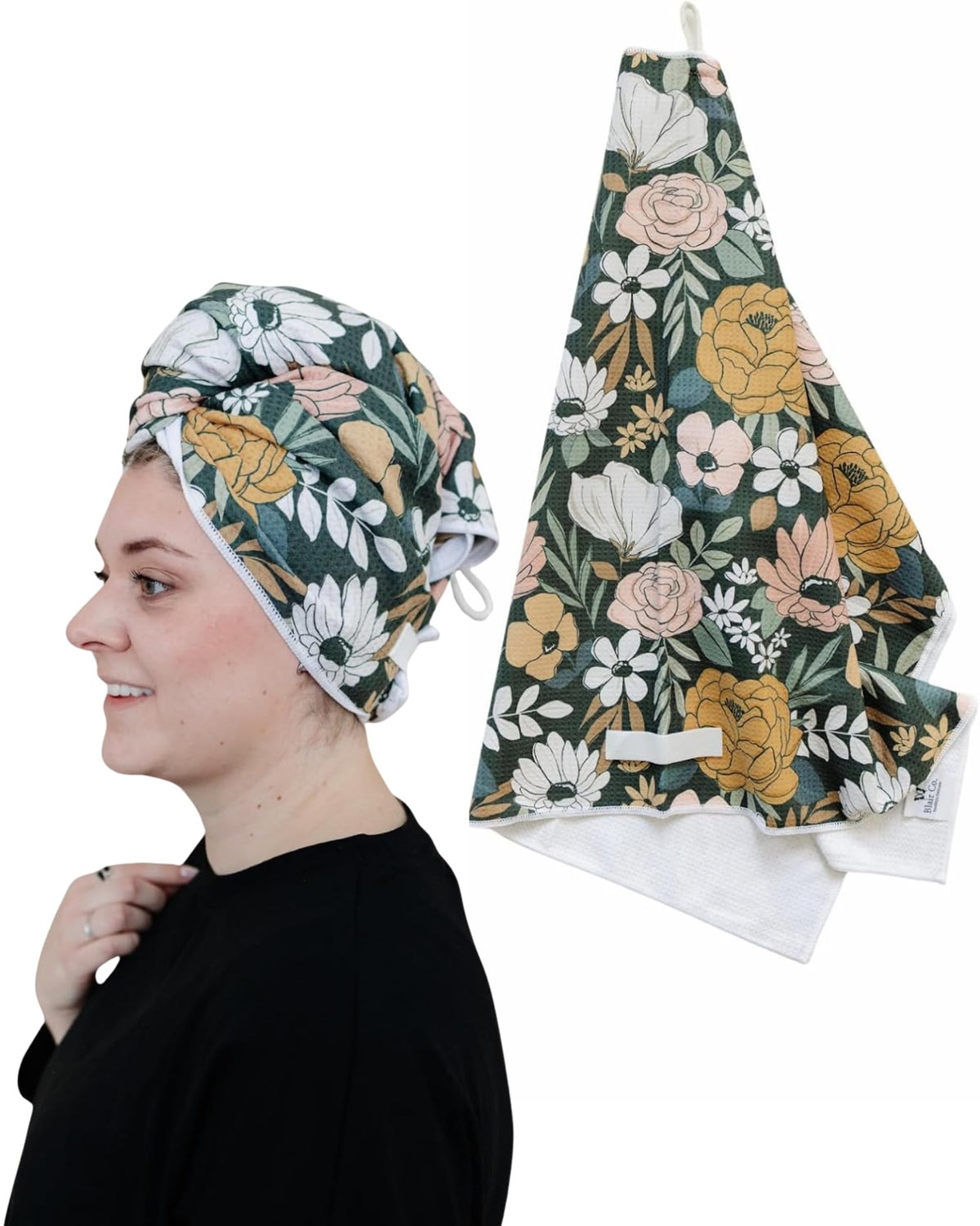 Microfiber Hair Towel Wrap for Women – Quick Dry Anti-Frizz Hair Drying Towel for Long, Curly & Thick Hair – Ultra-Soft Absorbent Hair Turban Wrap with Large Loop Closure – Dark Floral
