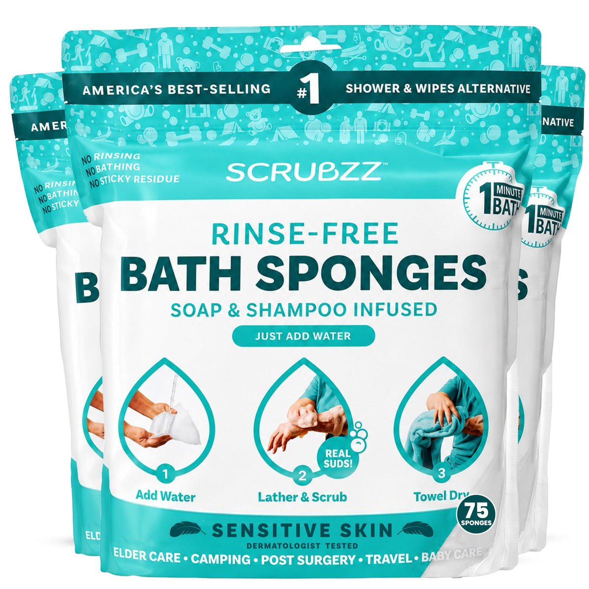 Scrubzz Disposable Rinse Free Bathing Wipes - 25 Pack - All-in-1 Single Use Shower Wipes, Simply Dampen, Lather, and Dry Without Shampoo or Rinsing