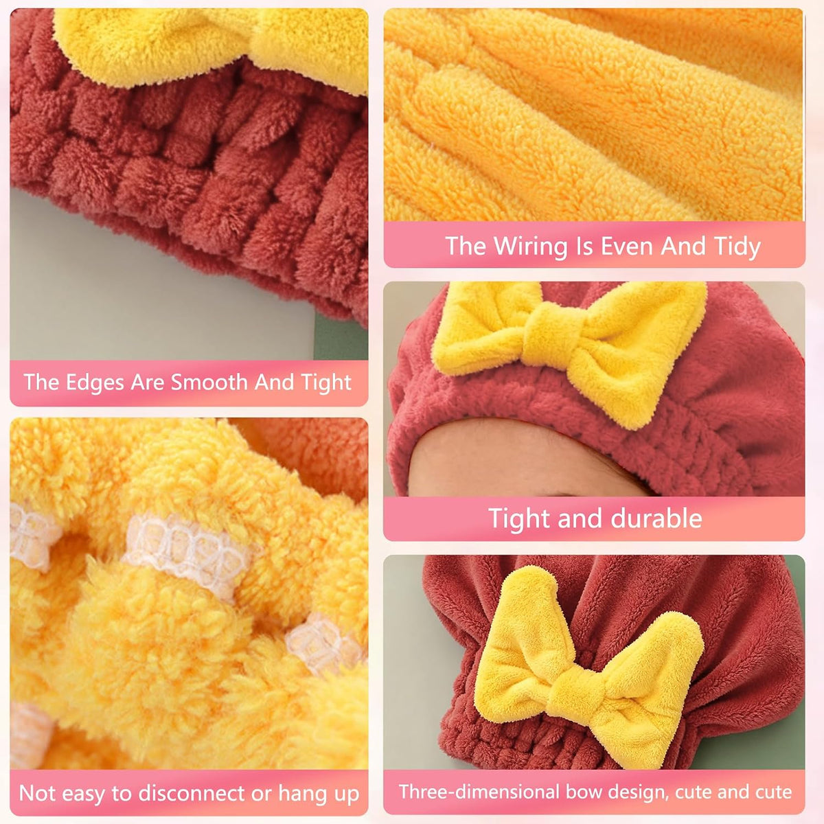 2 Pack Ultra Absorbent Hair Quick Drying Towel for Women, New Microfiber Hair Towel Wrap Dry Turban, Soft Bow Tie Plopping Head Towels Shower Cap for All Hair Style (Yellow and Rad)