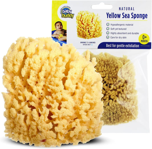 Baby Buddy (1 Count, 4 Inch) Natural Yellow Sea Bath Sponge, Natural Baby Bath Sponge for Newborns and Kids, Soft When Wet, Absorbent, Biodegradable, Hypoallergenic