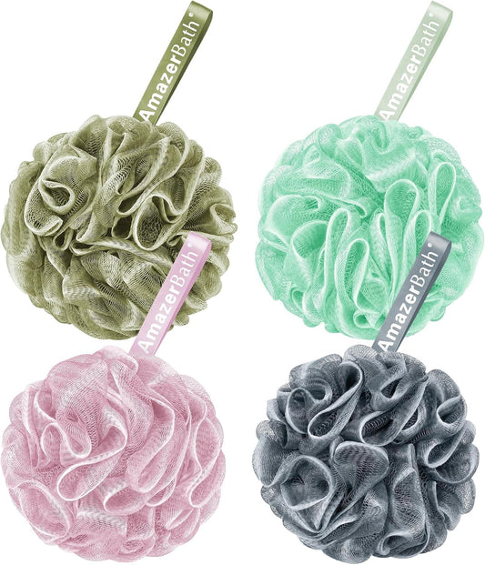 AmazerBath Loofah Sponge 60g/Piece, Exfoliating Bath Sponge Body Scrubber, Loofa Set of 4 - White Grey-Pink-Army Green-Green