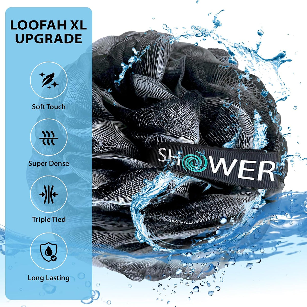 SHOWER BOUQUET Loofah-Charcoal Bath-Sponge-4-Pack Extra-Large 75g Soft Mesh
