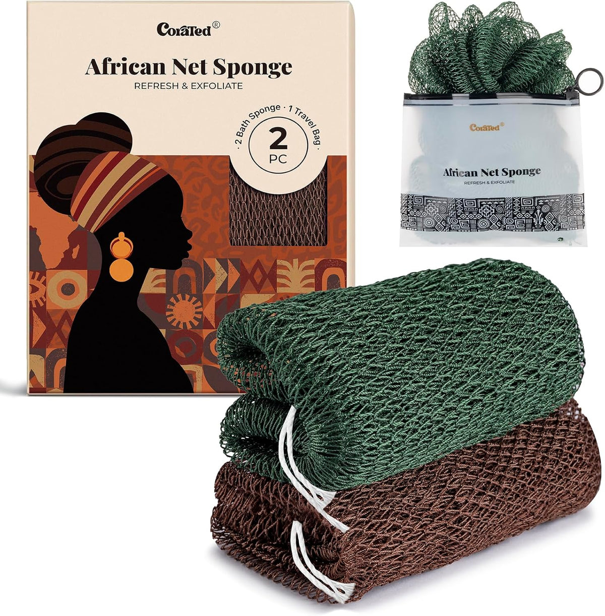 CORATED African Net Sponge Authentic, Shower Loofah Exfoliating Bath Sponge