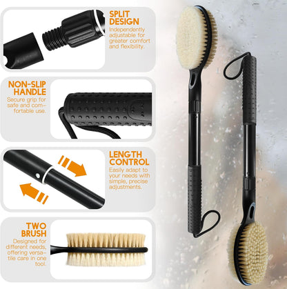 Back Scrubber for Shower with Long Handle, Dual-Sided Bath Brush for Wet & Dry Brushing, Soft & Stiff Bristles Body Exfoliator, Adjustable Detachable Shower Brush for Back, Legs & Feet