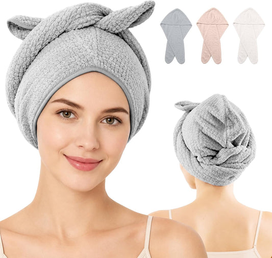 3 Pack Hair Drying Wraps, Twist Turbans, White, Gray & Khaki