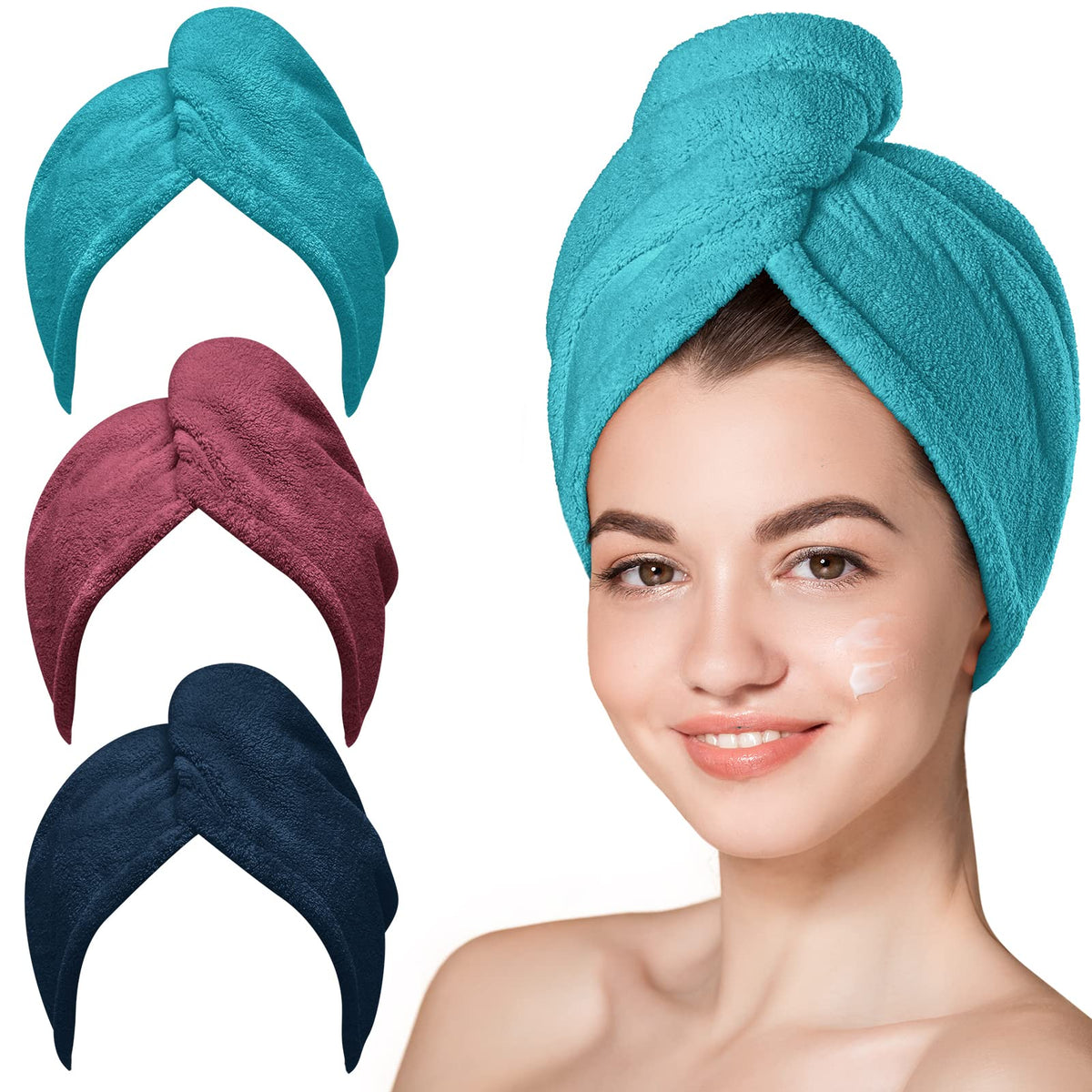 Hicober Microfiber Hair Towel Wrap for Women, Blue Grey Pink, 3-Pack