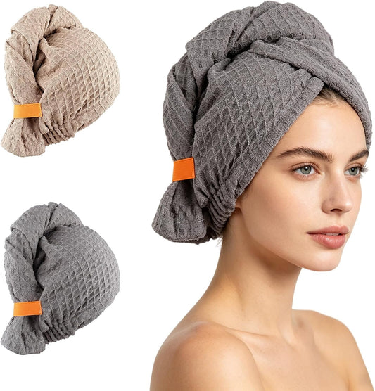 2 Pack Waffle Weave Quick Dry Hair Towel Wraps, Gray & Light Coffee