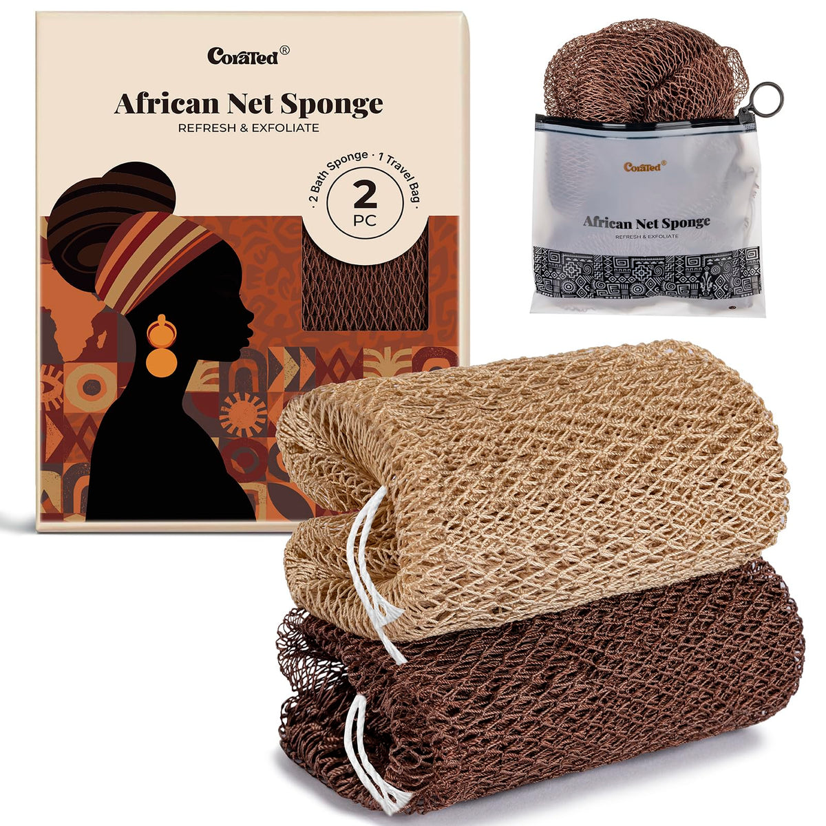 CORATED African Net Sponge Authentic, Shower Loofah Exfoliating Bath Sponge