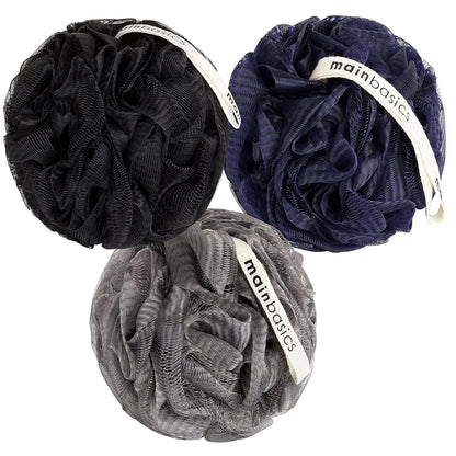 MainBasics Shower Loofah Sponge Pouf, Set of 3, Black Ice