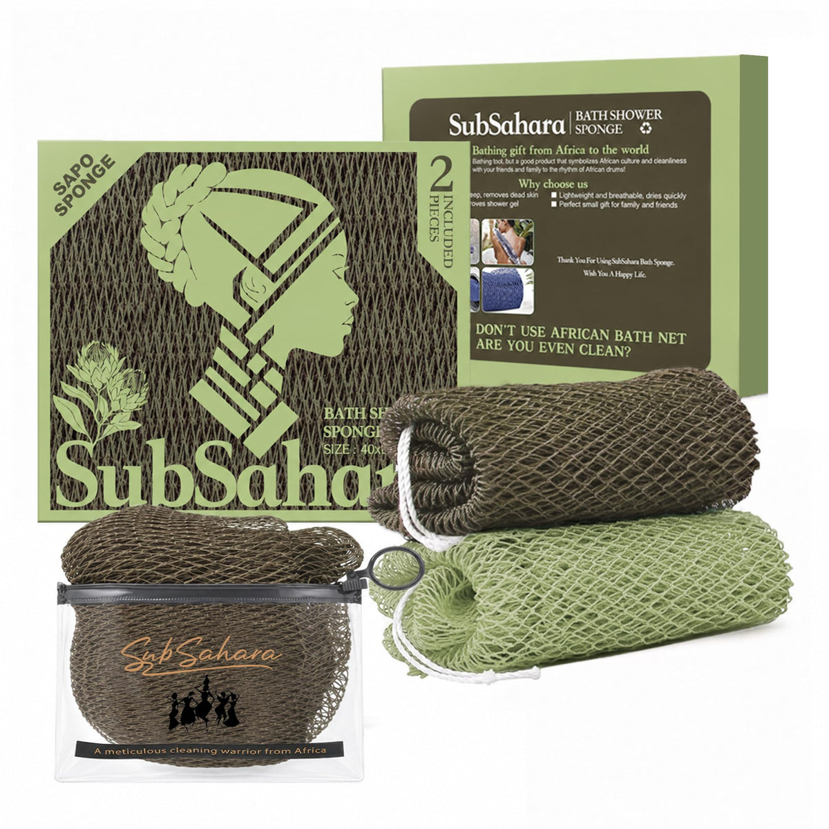 SubSahara African Net Sponge, 2 Pack 45-Inch Exfoliating Bath Scrubber