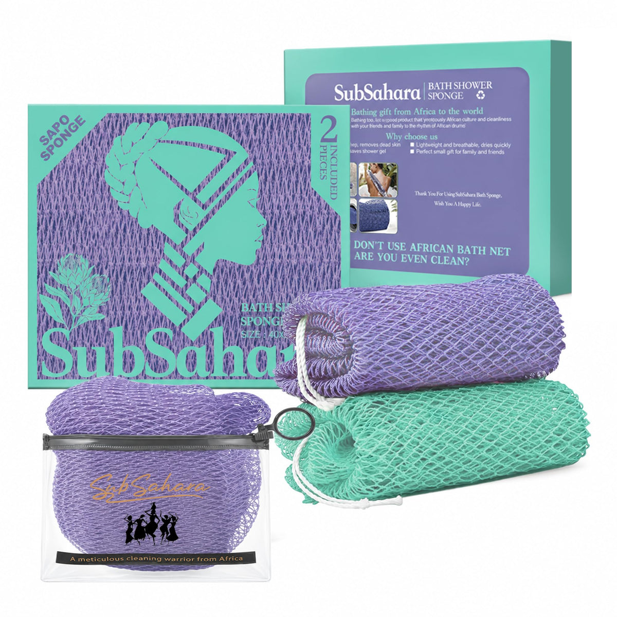 SubSahara African Net Sponge, 2 Pack 45-Inch Exfoliating Bath Scrubber