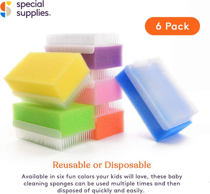 Special Supplies (6 Pack) Baby Bath Sponges Soft Foam Sensory Scrubber with Cradle Cap Bristle Brush - Body, Hair, and Scalp Cleaning - Gentle on Infant, Toddler Sensitive Skin - Great Sensory Feel