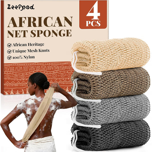 African Net Sponge Authentic-4 Packs African Exfoliating Net Sponge,Bath Sponges for Shower,42 inch Long for Normal to Sensitive Skin, for Daily use, Body Exfoliator Shower(Linen&Brown&Black&Grey)