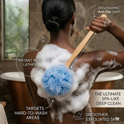Loofah Back Scrubber for Shower, Wooden Long Handle Bath Sponge Lufa Shower Brush, Soft Nylon Mesh Back Cleaner Washer, Women & Men Exfoliating Luffa Pouf on a Stick for Body (Blue)