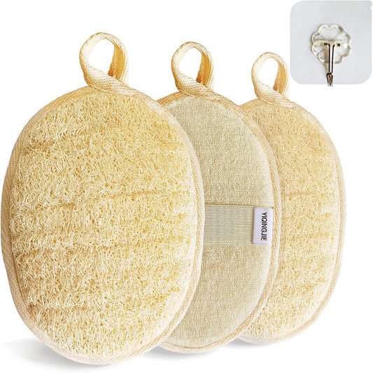 YIQINGJIE Natural Loofah Sponge Exfoliating Body Scrubber, 3 Pack,Beige