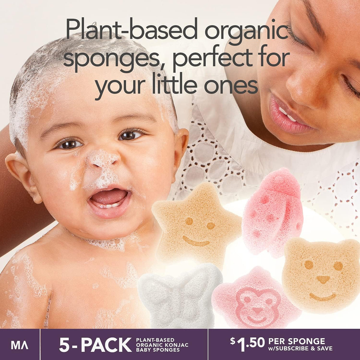 Konjac Baby Sponge for Bathing | Natural Cute Shapes | Kids Bath sponges for Infants | Toddler Bath time | Safe Organic Plant-Based | 5pcs Set : Bear, Monkey, Butterfly, Ladybug, Star
