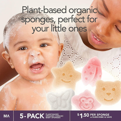 Konjac Baby Sponge for Bathing | Natural Cute Shapes | Kids Bath sponges for Infants | Toddler Bath time | Safe Organic Plant-Based | 5pcs Set : Bear, Monkey, Butterfly, Ladybug, Star