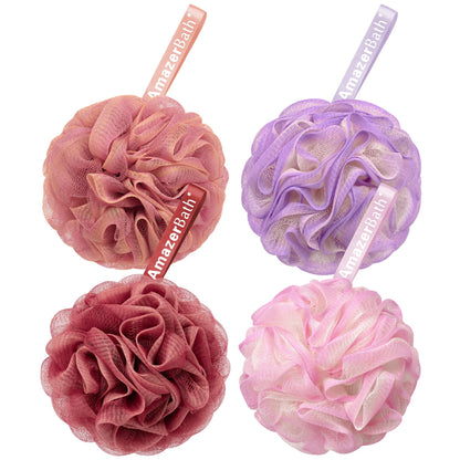 AmazerBath Loofah Sponge 60g/Piece, Exfoliating Bath Sponge Body Scrubber - Loofa Set of 4 Flower Color (Green-Purple)