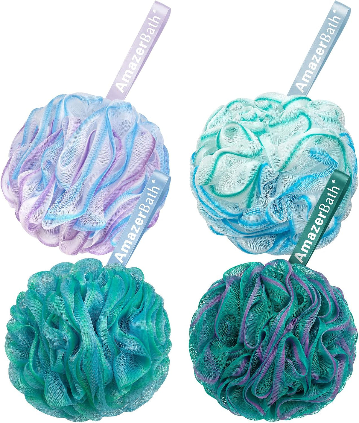 AmazerBath Loofah Sponge 60g/Piece, Exfoliating Bath Sponge Body Scrubber - Loofa Set of 4 Flower Color (Green-Purple)