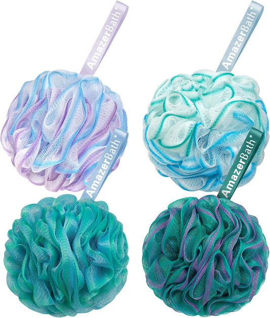 AmazerBath Loofah Sponge 75g/Piece, Exfoliating Bath Sponge Body Scrubber - Loofa Set of 4 Flower Color (Large, Green-Purple)