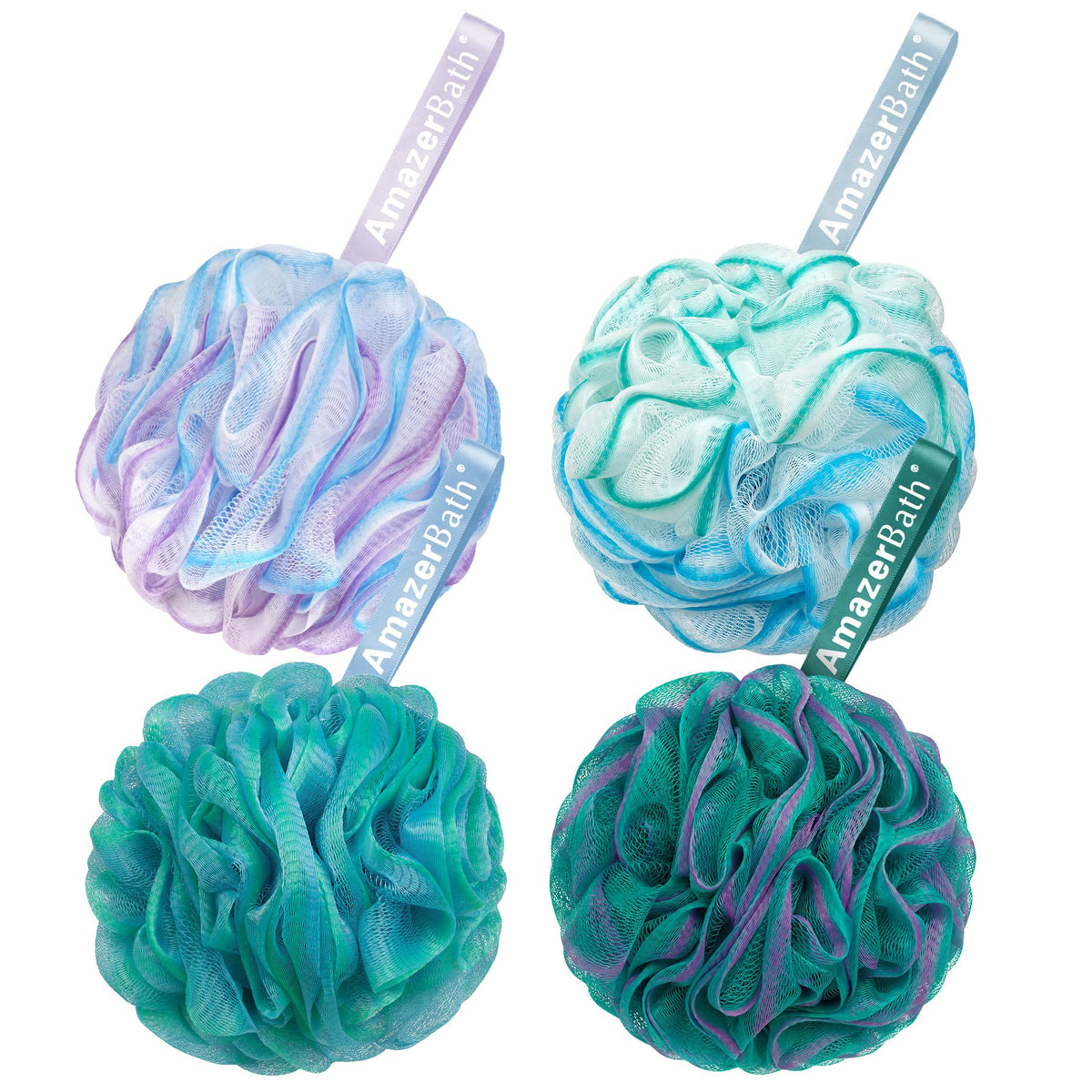 AmazerBath Loofah Sponge 60g/Piece, Exfoliating Bath Sponge Body Scrubber, Loofa Set of 4 - White Grey-Pink-Army Green-Green