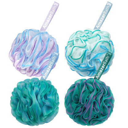 AmazerBath Loofah Sponge 60g/Piece, Exfoliating Bath Sponge Body Scrubber, Loofa Set of 4 - White Grey-Pink-Army Green-Green