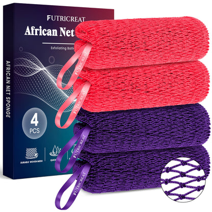 4 Pack Authentic African Net Sponge, Exfoliating Washcloth, Back Scrubber