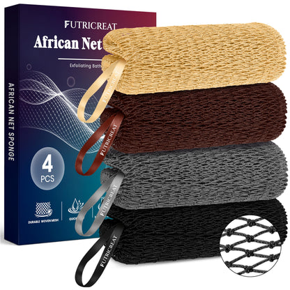 4 Pack Authentic African Net Sponge, Exfoliating Washcloth, Back Scrubber