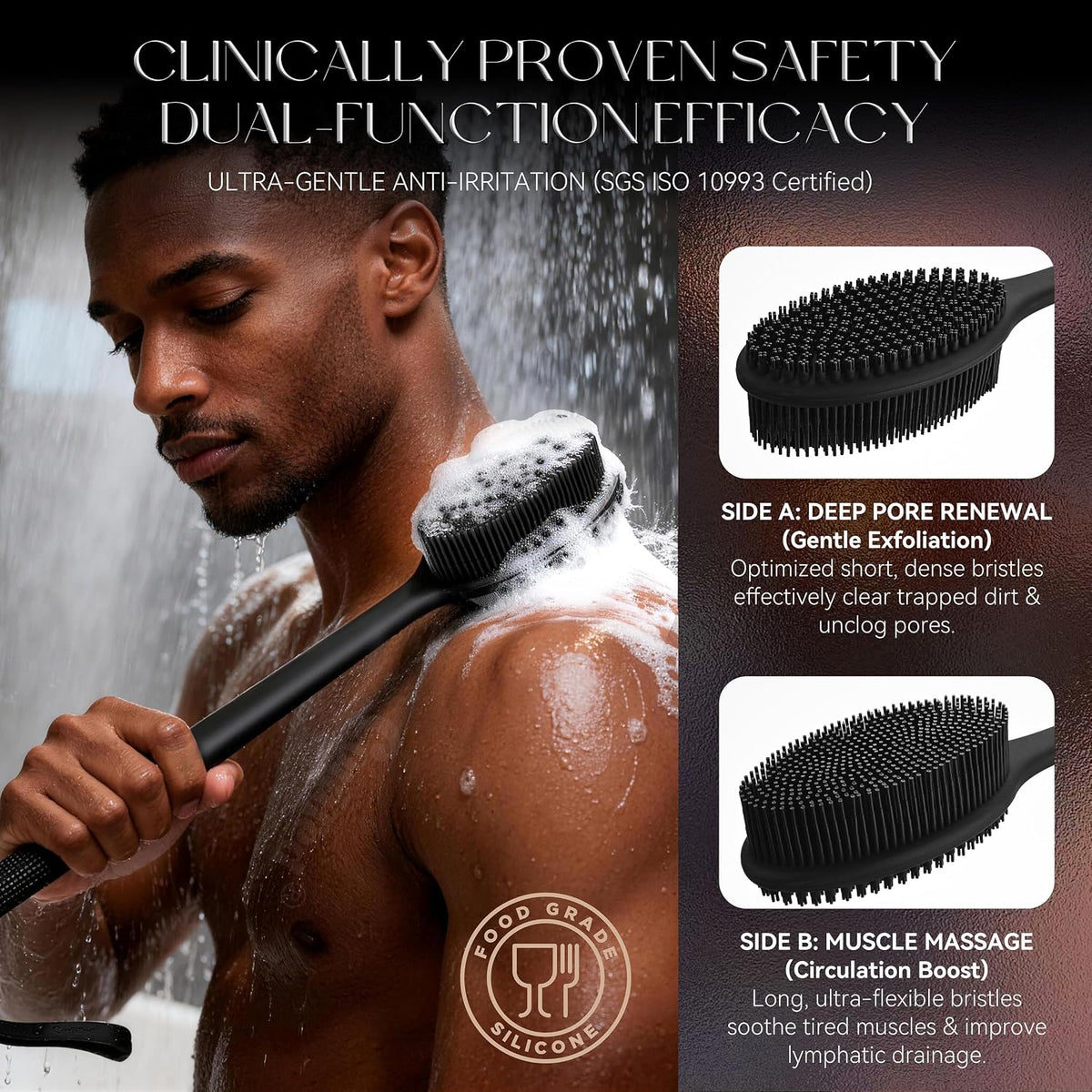 CORATED Silicone Back Scrubber for Shower, 2‑in‑1 Body Brush with Handle